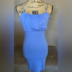 Wild Fable Blue Knit Mini Dress ruched top ruffle bottom spaghetti strap Sz Med